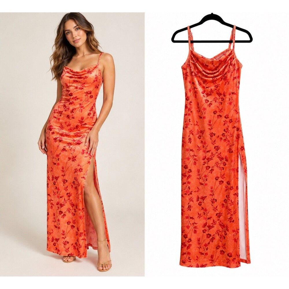 Y2K Orange Floral Velvet Maxi Dress M Cowl Neck Side Slit Fairycore Boho 90s